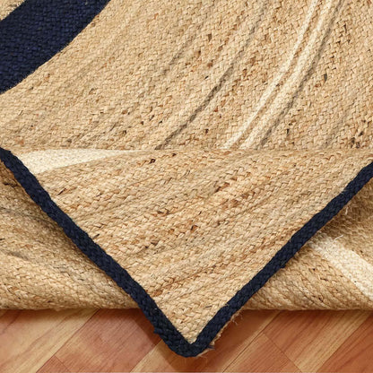 Hand Braided Geometric Beige Blue Farmhouse Jute Rug - Indian Rug Store