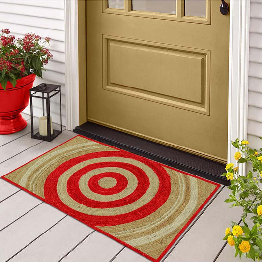 Alfombra de yute trenzada a mano con rayas en color beige y rojo para decoración de interiores Alfombra de yute trenzada a mano con rayas en color beige y rojo para decoración de interiores