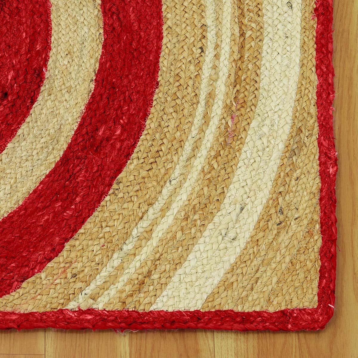 Hand Braide Striped Beige Red Interior Decor Jute Rug - Indian Rug Store