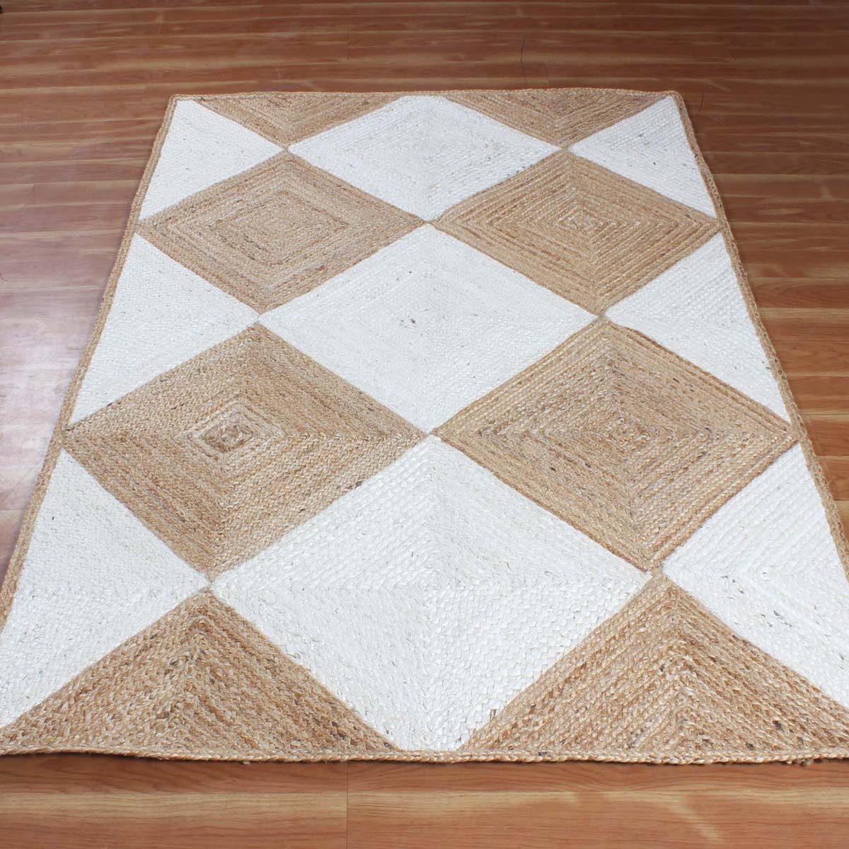 Hand Braided Geometric Beige White Bedroom Decor Jute Rug - Indian Rug Store