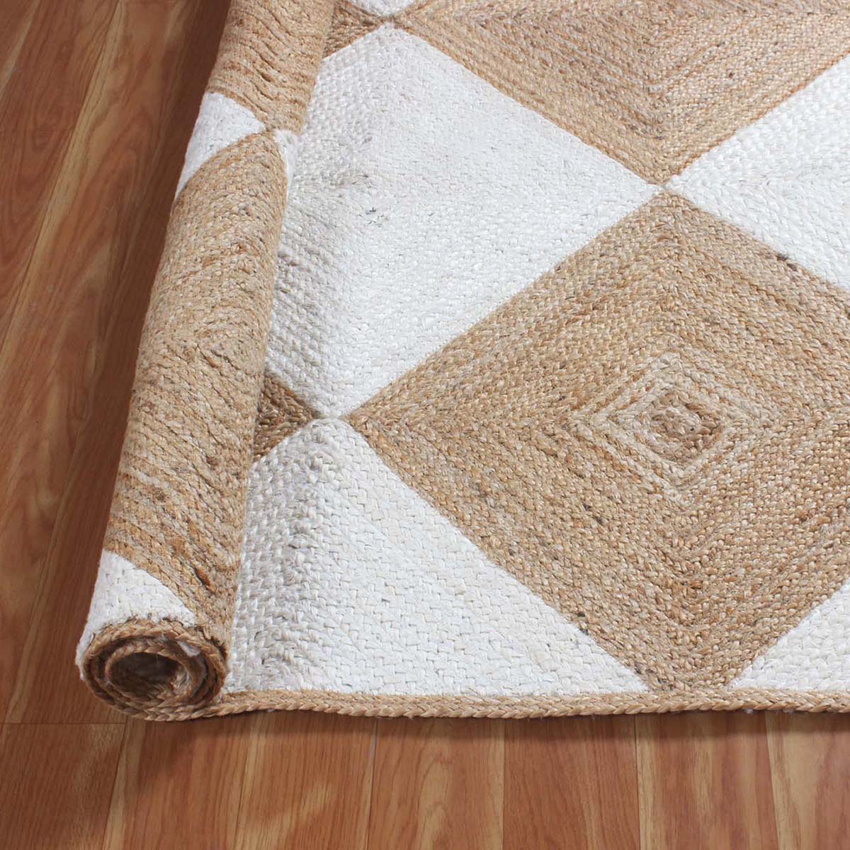 Hand Braided Geometric Beige White Bedroom Decor Jute Rug - Indian Rug Store