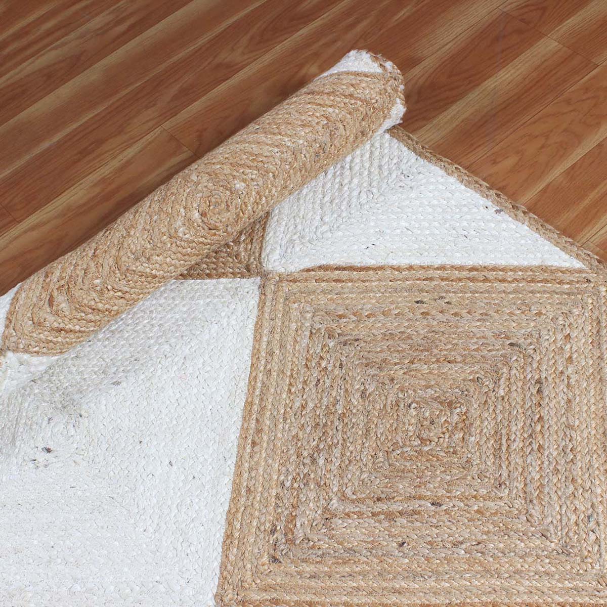 Hand Braided Geometric Beige White Bedroom Decor Jute Rug - Indian Rug Store