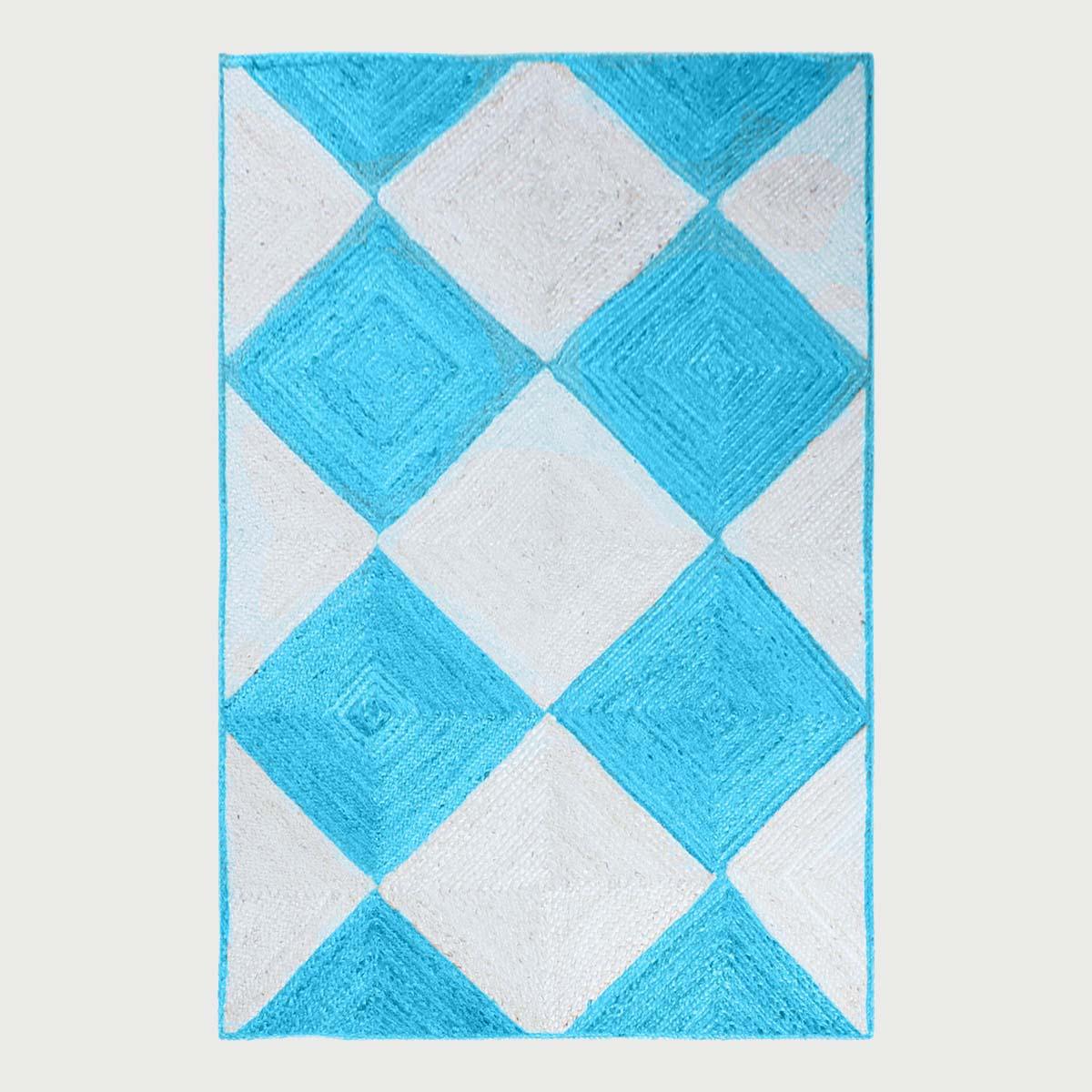 Hand Braided Geometric Turquoise Blue White Bedroom Decor Jute Rug - Indian Rug Store