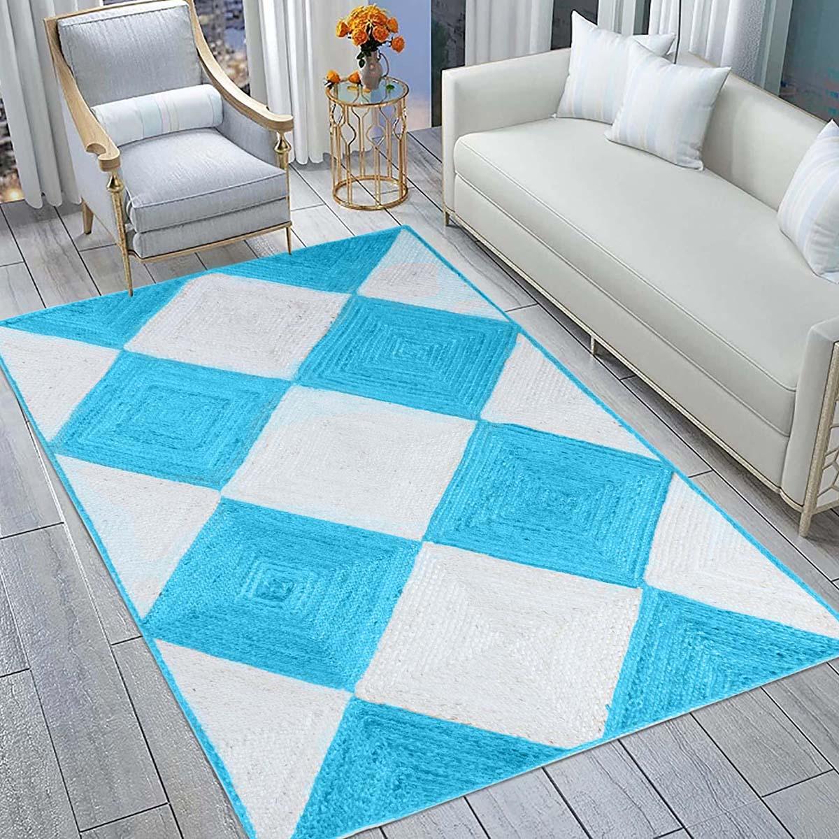 Hand Braided Geometric Turquoise Blue White Bedroom Decor Jute Rug - Indian Rug Store