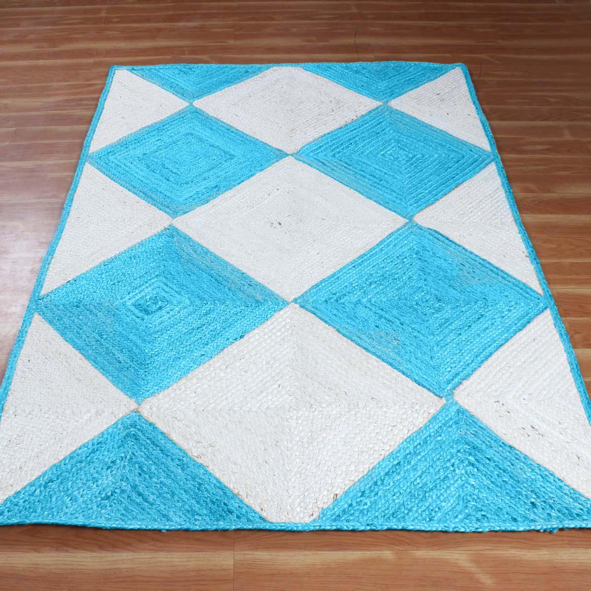 Hand Braided Geometric Turquoise Blue White Bedroom Decor Jute Rug - Indian Rug Store