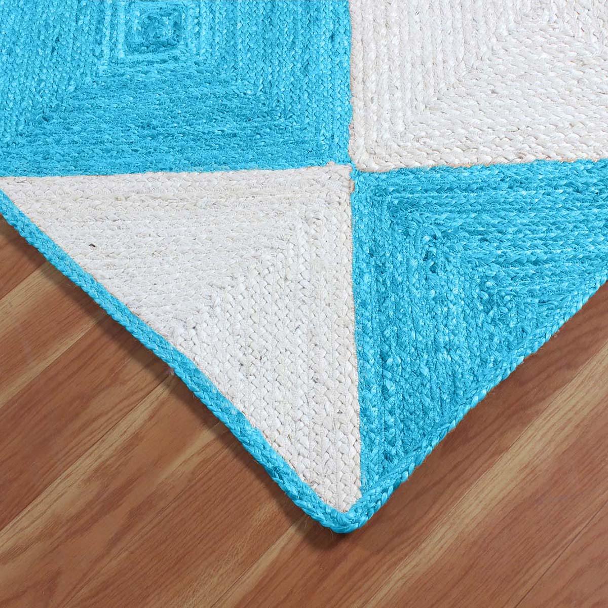 Hand Braided Geometric Turquoise Blue White Bedroom Decor Jute Rug - Indian Rug Store