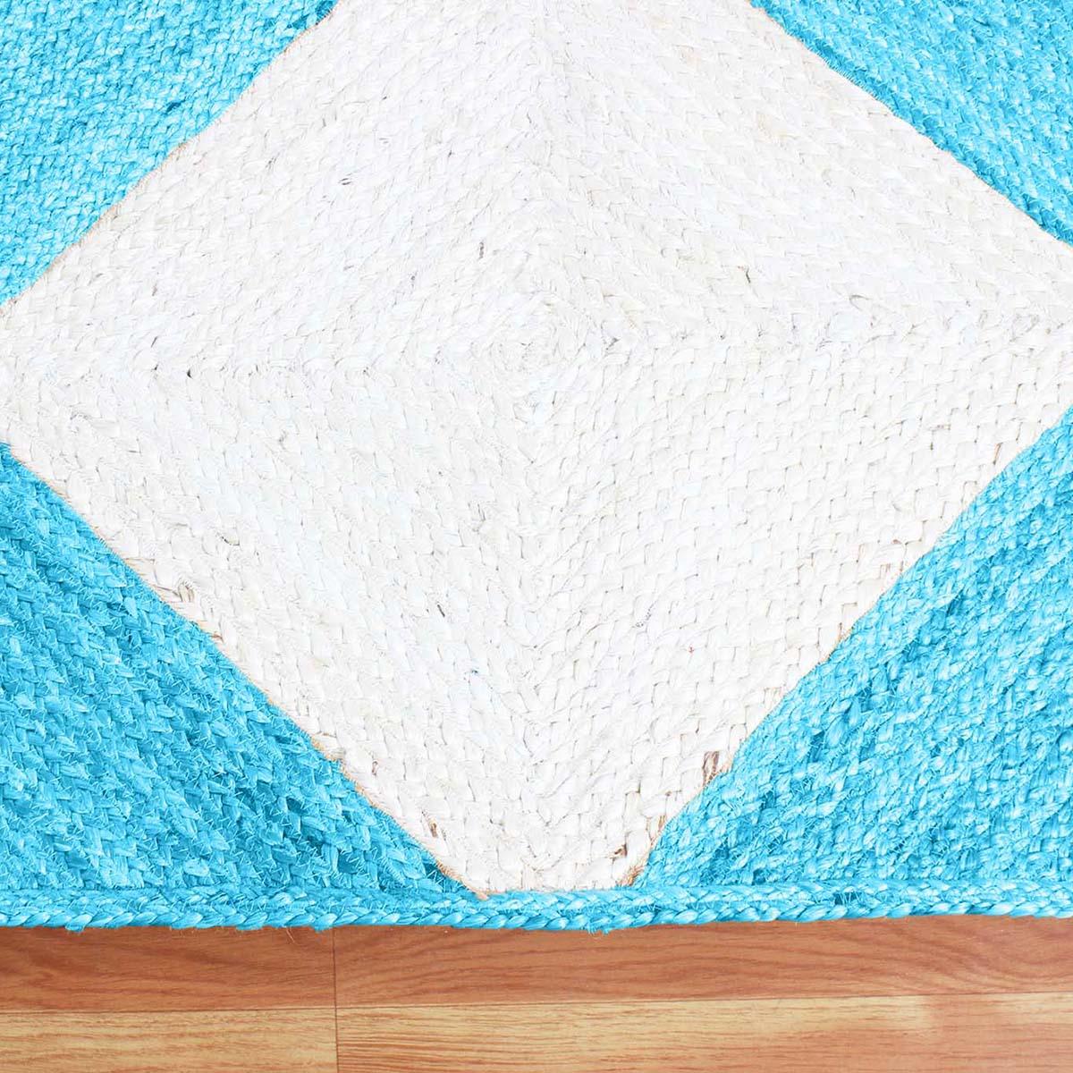 Hand Braided Geometric Turquoise Blue White Bedroom Decor Jute Rug - Indian Rug Store