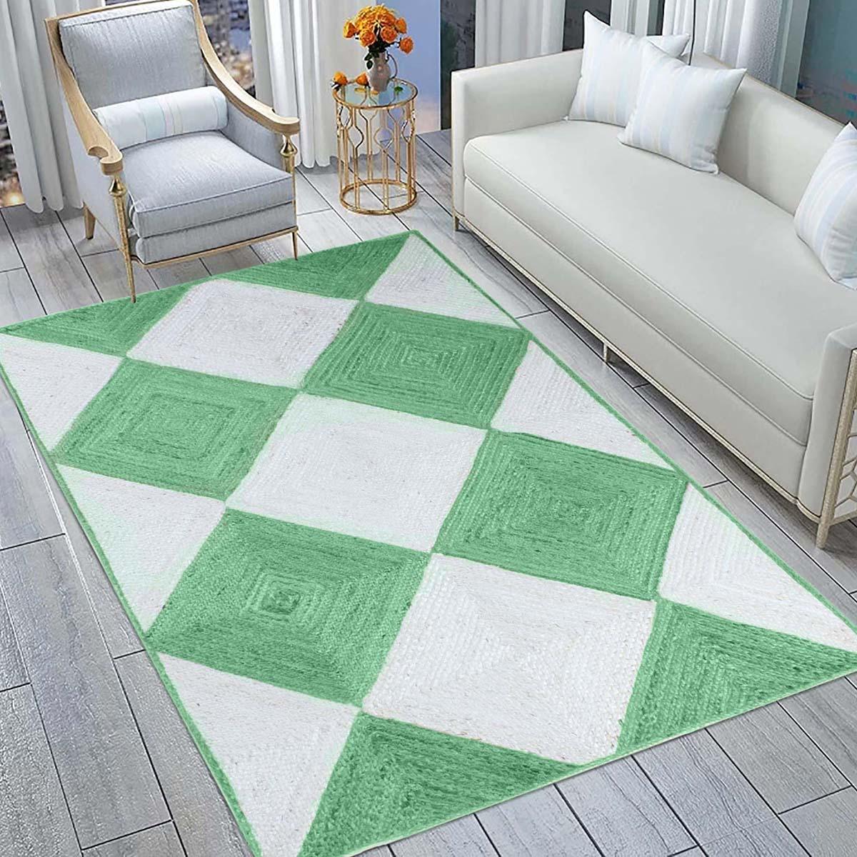 Hand Braided Geometric Farm House Decor Green White Jute Rug - Indian Rug Store