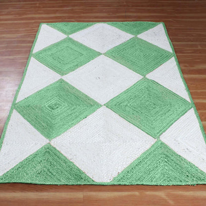 Hand Braided Geometric Farm House Decor Green White Jute Rug - Indian Rug Store