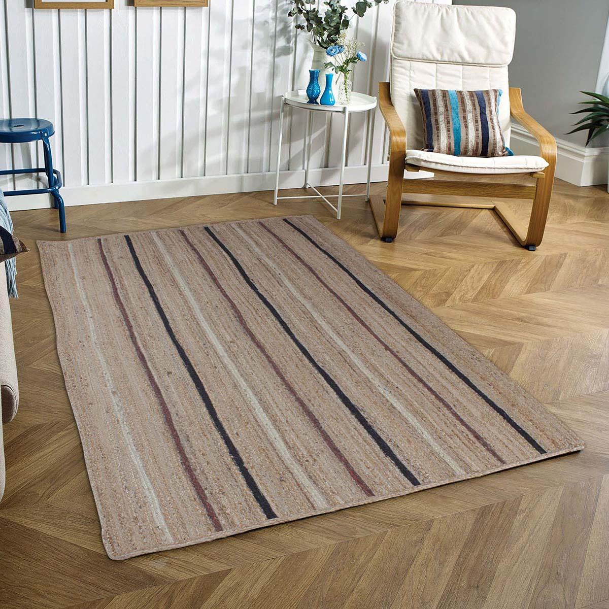 Hand Braided Striped Beige Multicolor Bedroom Decor Jute Rug - Indian Rug Store