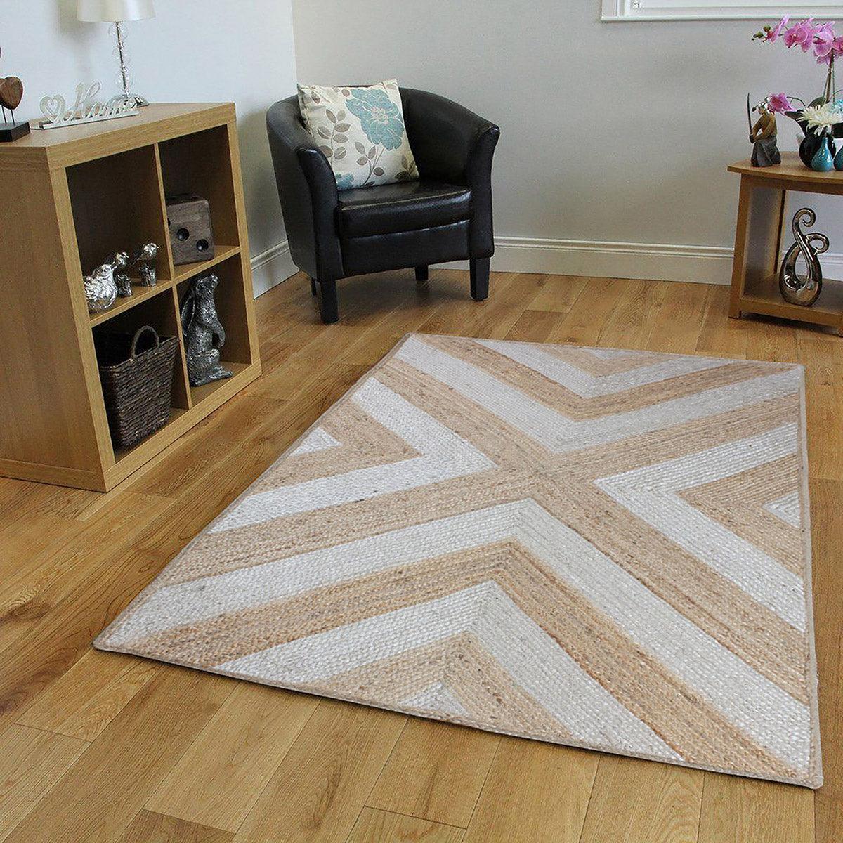 Geometric White Beige Hand Braided Interior Decor Jute Rug - Indian Rug Store