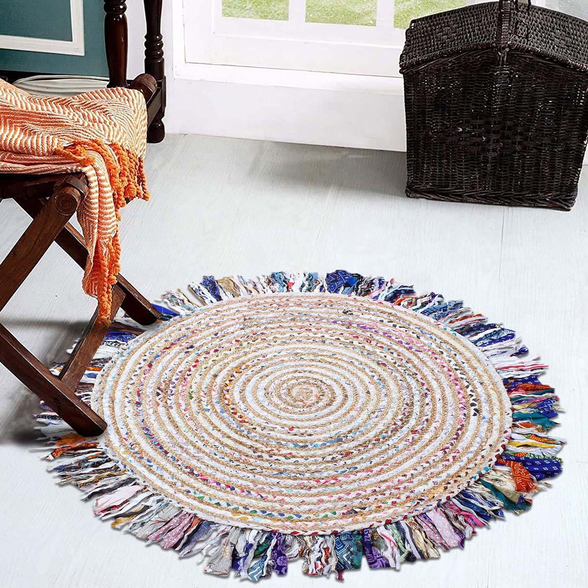 Home Decor Beige Multicolor Hand Braided Cotton Jute Rug - Indian Rug Store