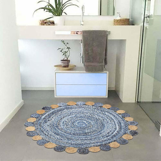 Tappeto in juta di cotone intrecciato a mano, motivo geometrico beige blu per sala da pranzo Tappeto in juta di cotone intrecciato a mano, motivo geometrico beige blu per sala da pranzo