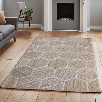 Beige White Entrance Decor Hand Braided Geometric Jute Rug - Indian Rug Store