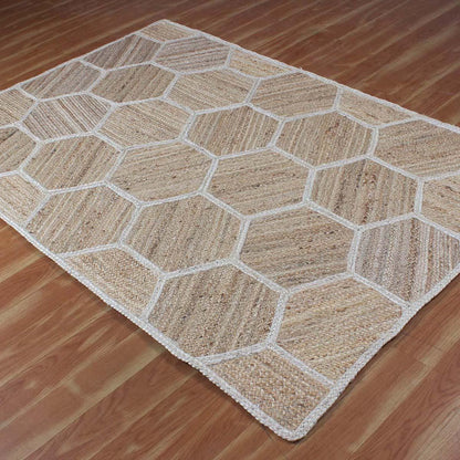 Beige White Entrance Decor Hand Braided Geometric Jute Rug - Indian Rug Store