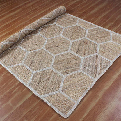 Beige White Entrance Decor Hand Braided Geometric Jute Rug - Indian Rug Store