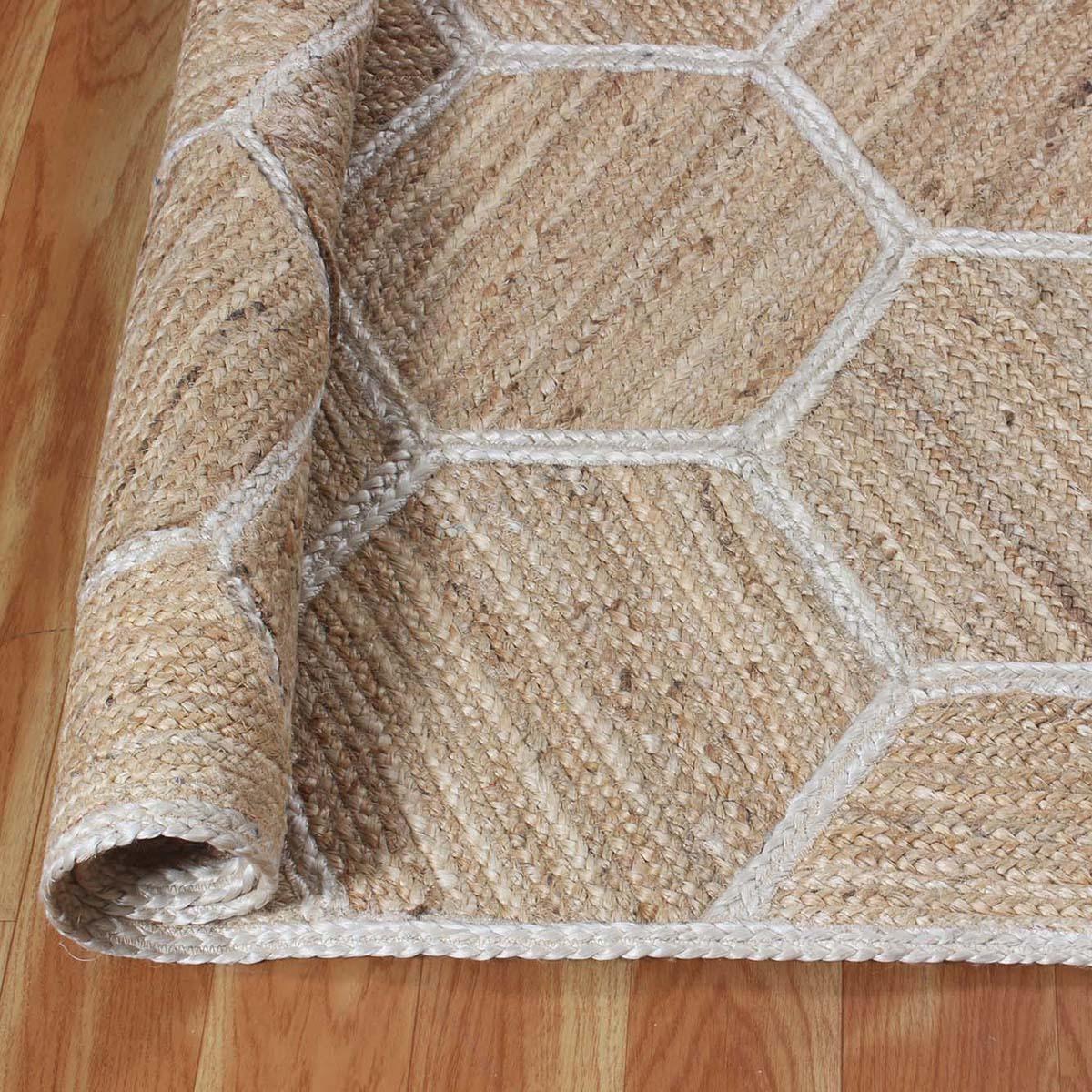 Beige White Entrance Decor Hand Braided Geometric Jute Rug - Indian Rug Store