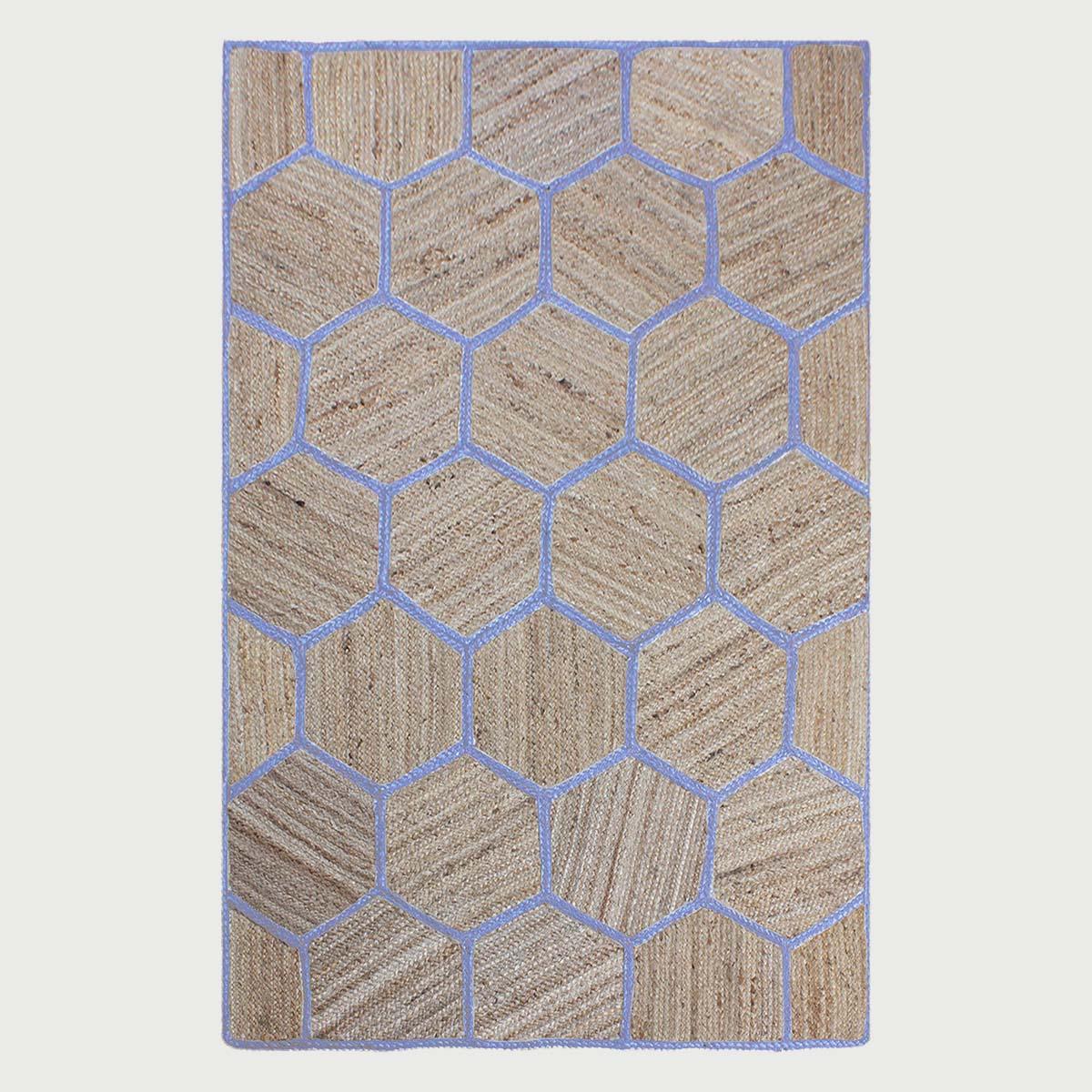 Hand Braided Beige Blue Geometric Bedroom Decor Floor Print Jute Rug - Indian Rug Store