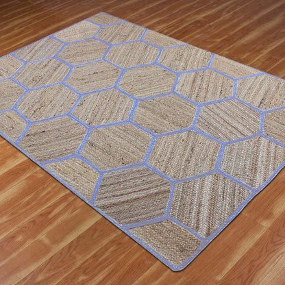 Hand Braided Beige Blue Geometric Bedroom Decor Floor Print Jute Rug - Indian Rug Store