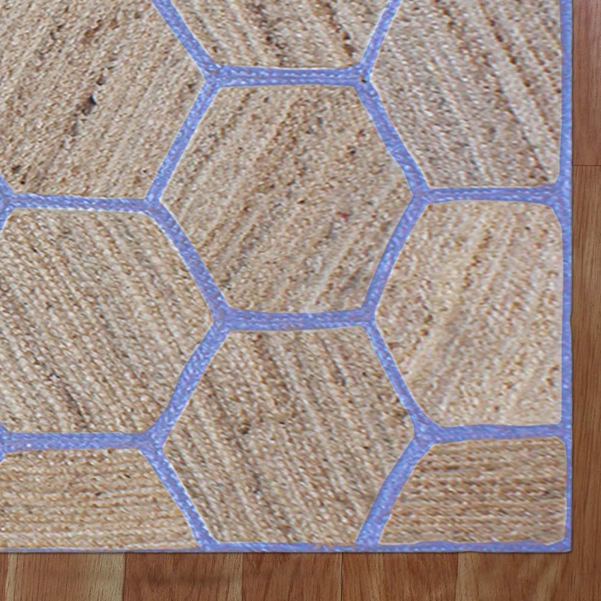 Hand Braided Beige Blue Geometric Bedroom Decor Floor Print Jute Rug - Indian Rug Store