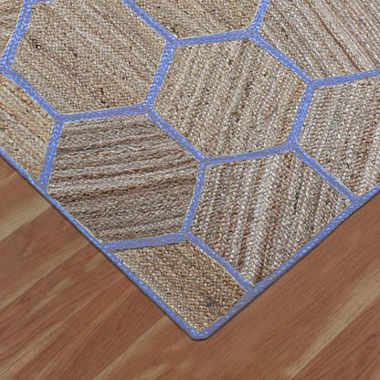 Hand Braided Beige Blue Geometric Bedroom Decor Floor Print Jute Rug - Indian Rug Store