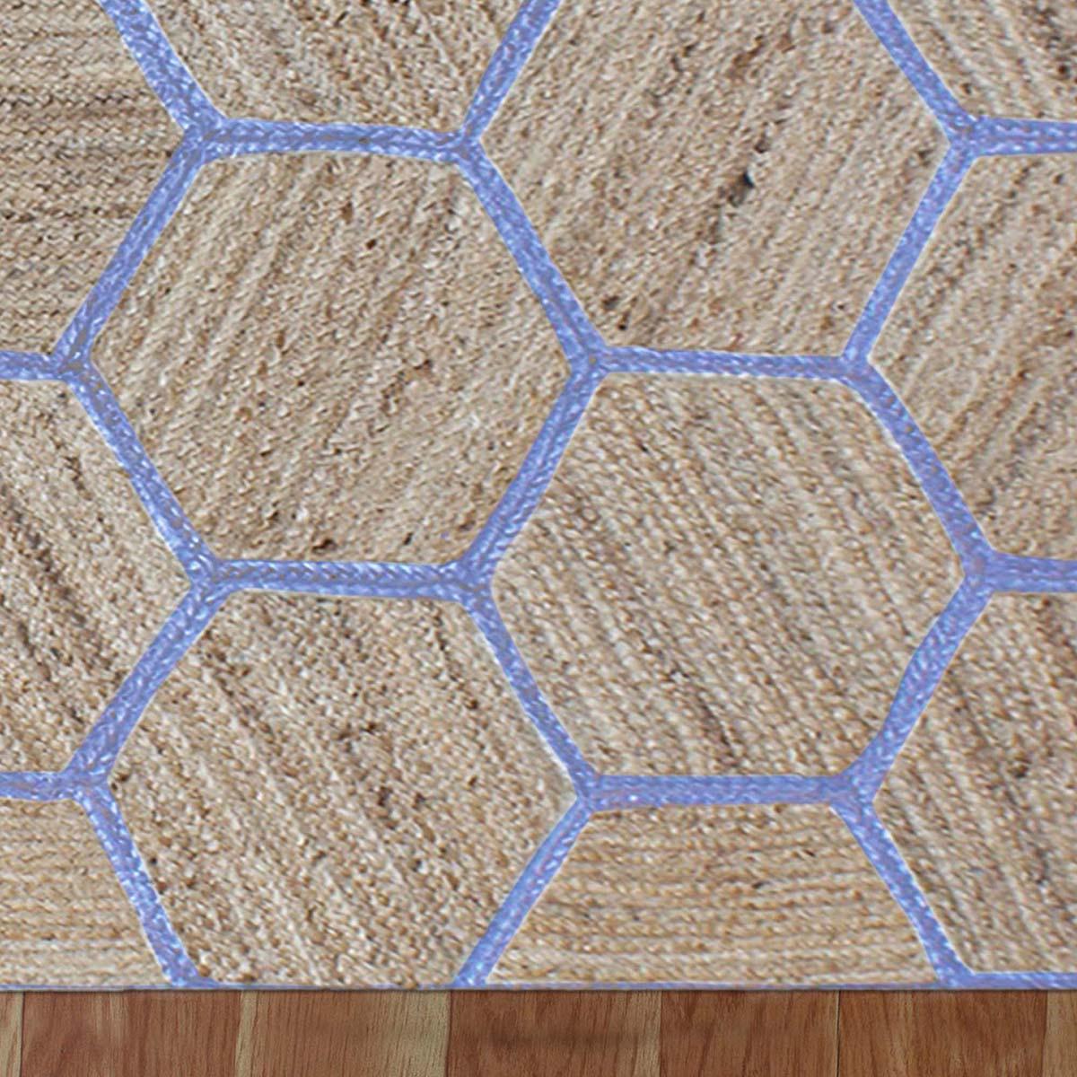 Hand Braided Beige Blue Geometric Bedroom Decor Floor Print Jute Rug - Indian Rug Store