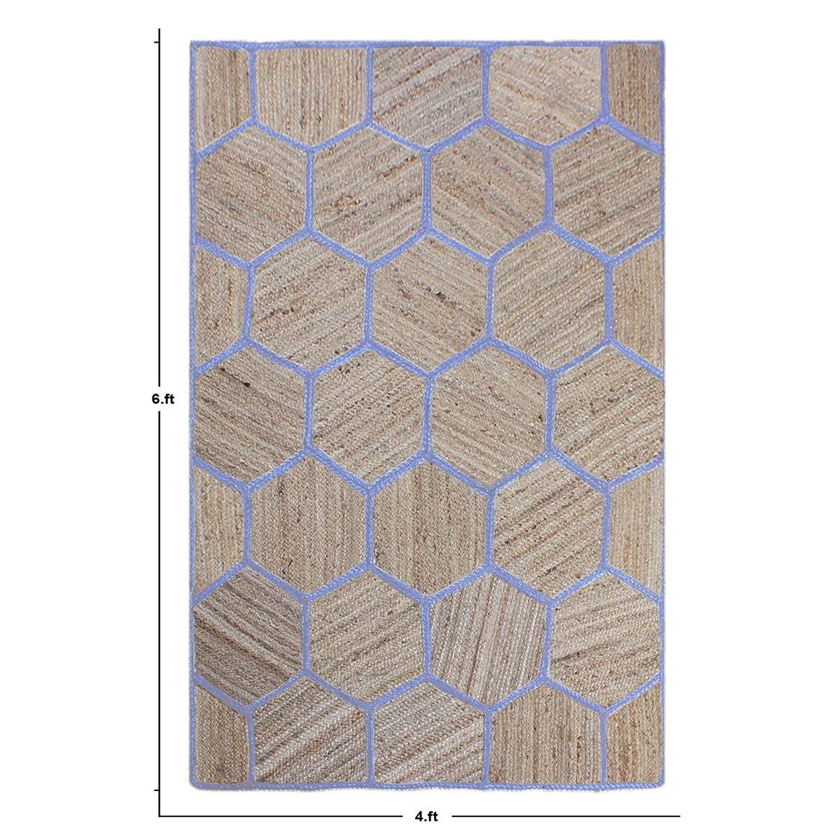 Hand Braided Beige Blue Geometric Bedroom Decor Floor Print Jute Rug - Indian Rug Store