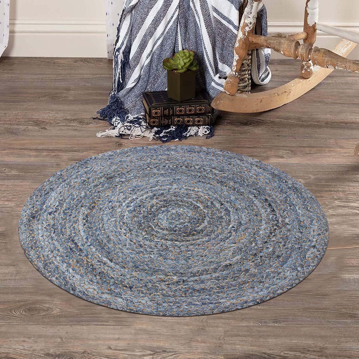 Blue Beige Geometric Hand Braided Living Area Decor Cotton Jute Rug - Indian Rug Store