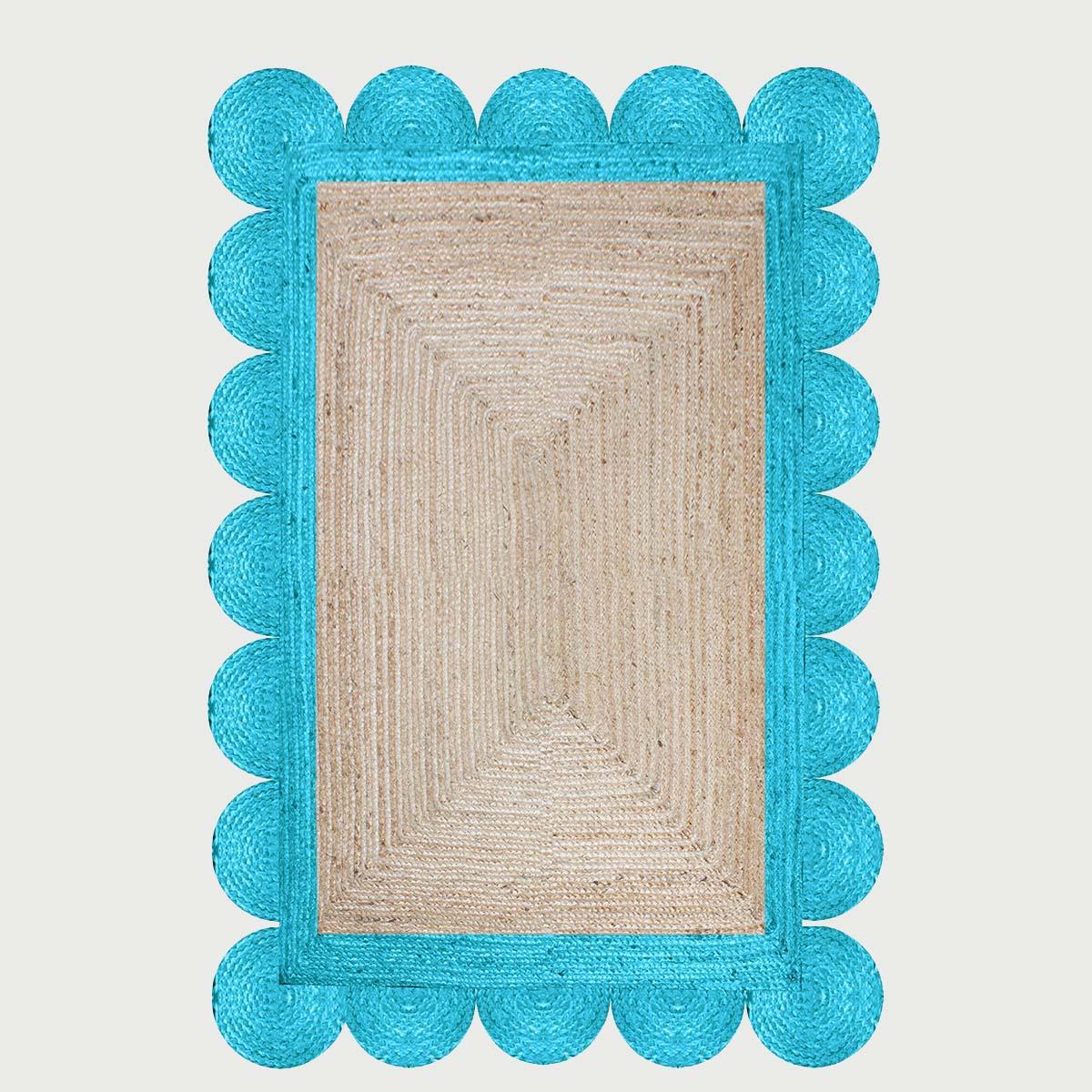 Hand Braided Beautiful Beige Base Turquoise Interior Decor Jute Rug - Indian Rug Store