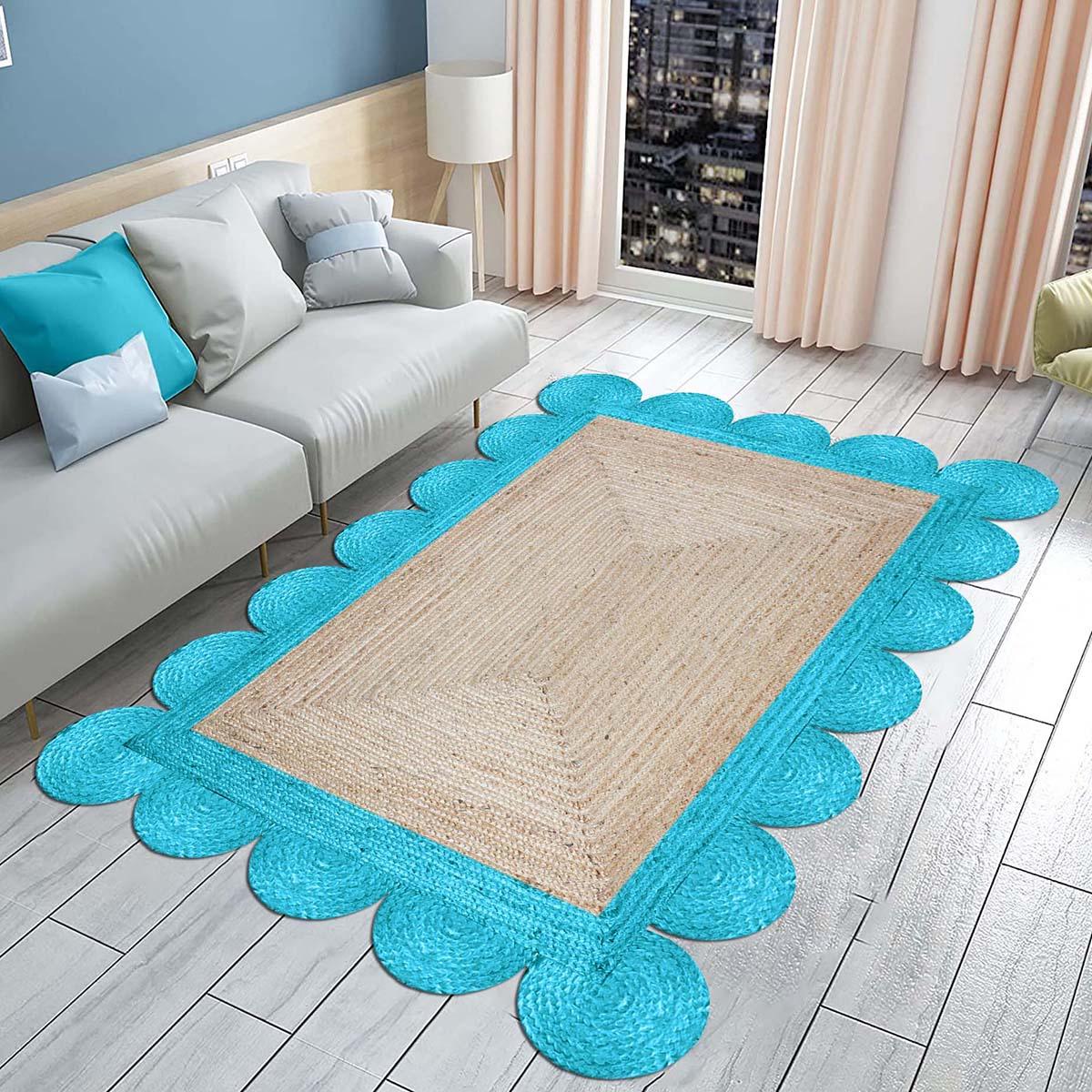 Hand Braided Beautiful Beige Base Turquoise Interior Decor Jute Rug - Indian Rug Store