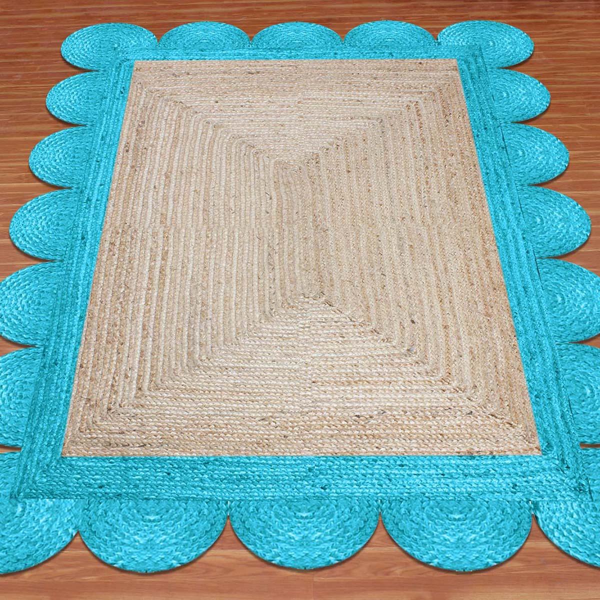 Hand Braided Beautiful Beige Base Turquoise Interior Decor Jute Rug - Indian Rug Store