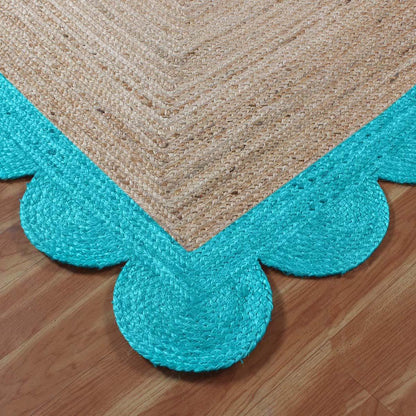 Hand Braided Beautiful Beige Base Turquoise Interior Decor Jute Rug - Indian Rug Store