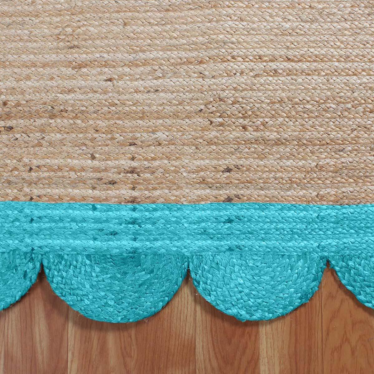 Hand Braided Beautiful Beige Base Turquoise Interior Decor Jute Rug - Indian Rug Store