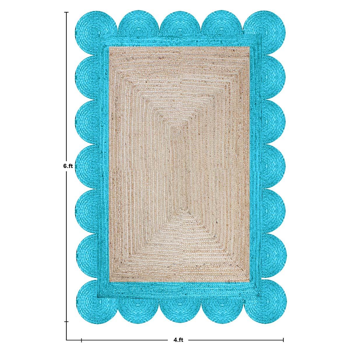 Hand Braided Beautiful Beige Base Turquoise Interior Decor Jute Rug - Indian Rug Store