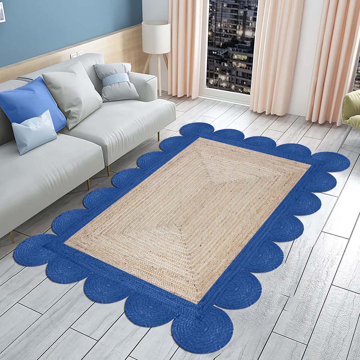 Beige Base Blue Hand Braided Living Room Decor Jute Rug - Indian Rug Store