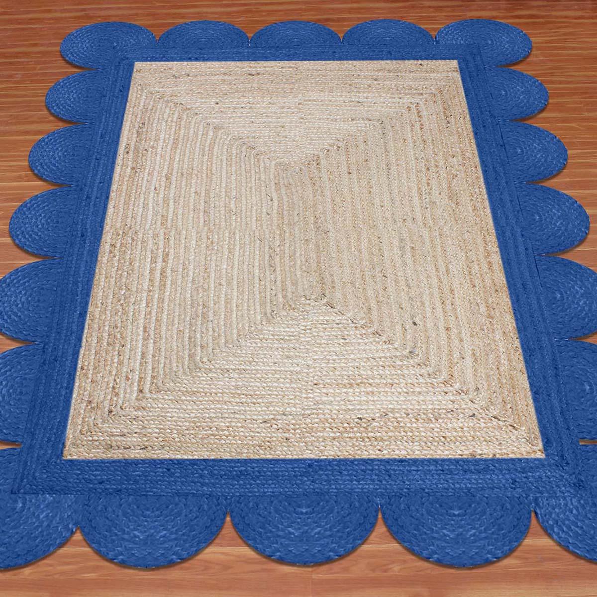 Beige Base Blue Hand Braided Living Room Decor Jute Rug - Indian Rug Store