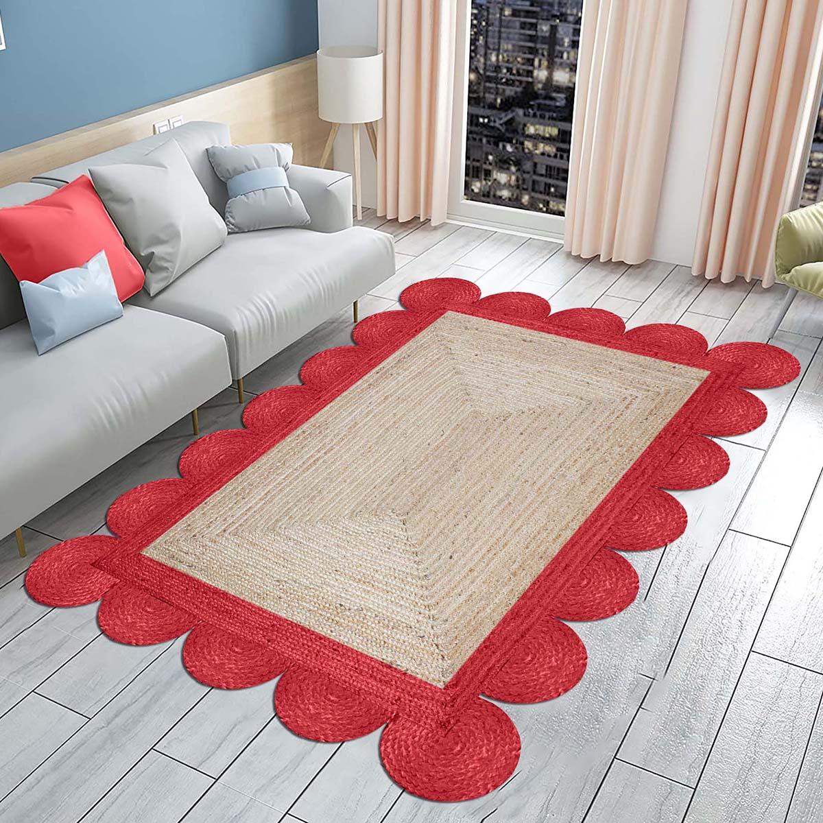 Beige Red Attractive Hand Braided Geometric Farm House Decor Jute Rug - Indian Rug Store