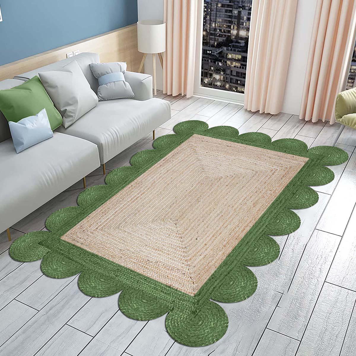 Geometric Beige Green Hand Braided Bedroom Decor Jute Rug - Indian Rug Store