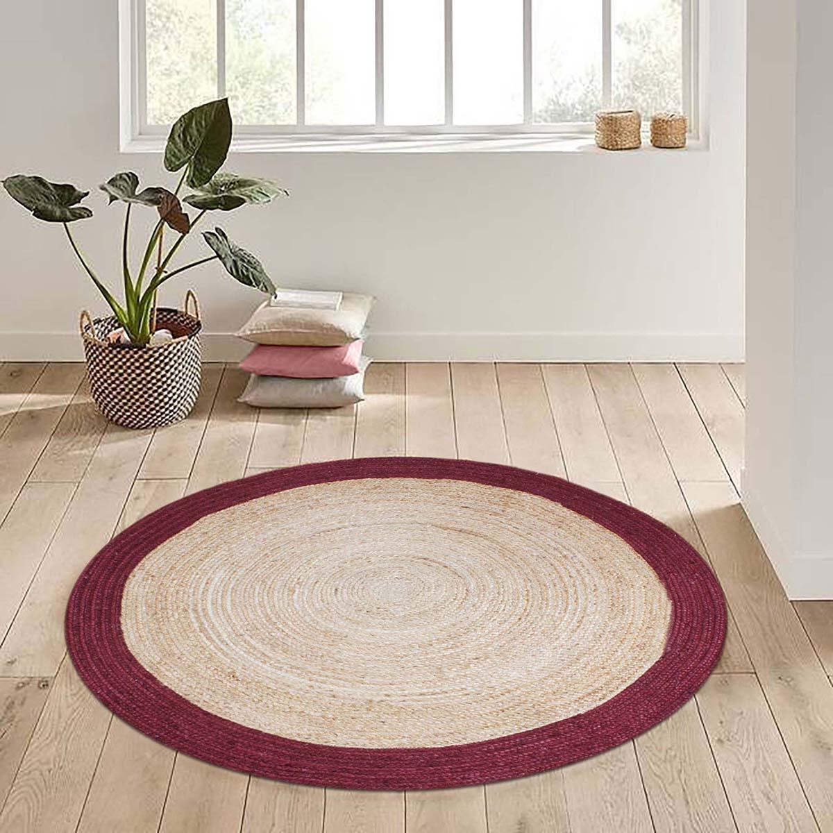 Hand Braided Home Decor Geometrical Beige Red Jute Rug - Indian Rug Store