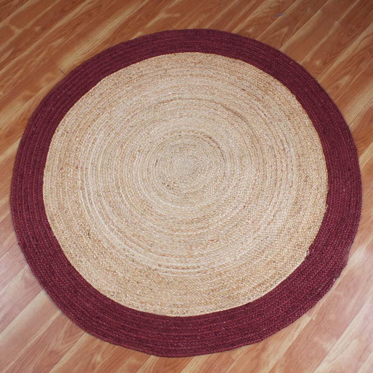 Hand Braided Home Decor Geometrical Beige Red Jute Rug - Indian Rug Store