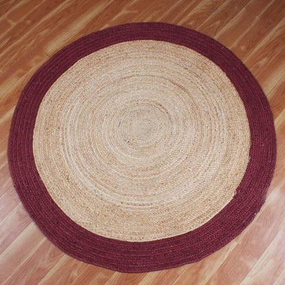 Hand Braided Home Decor Geometrical Beige Red Jute Rug - Indian Rug Store