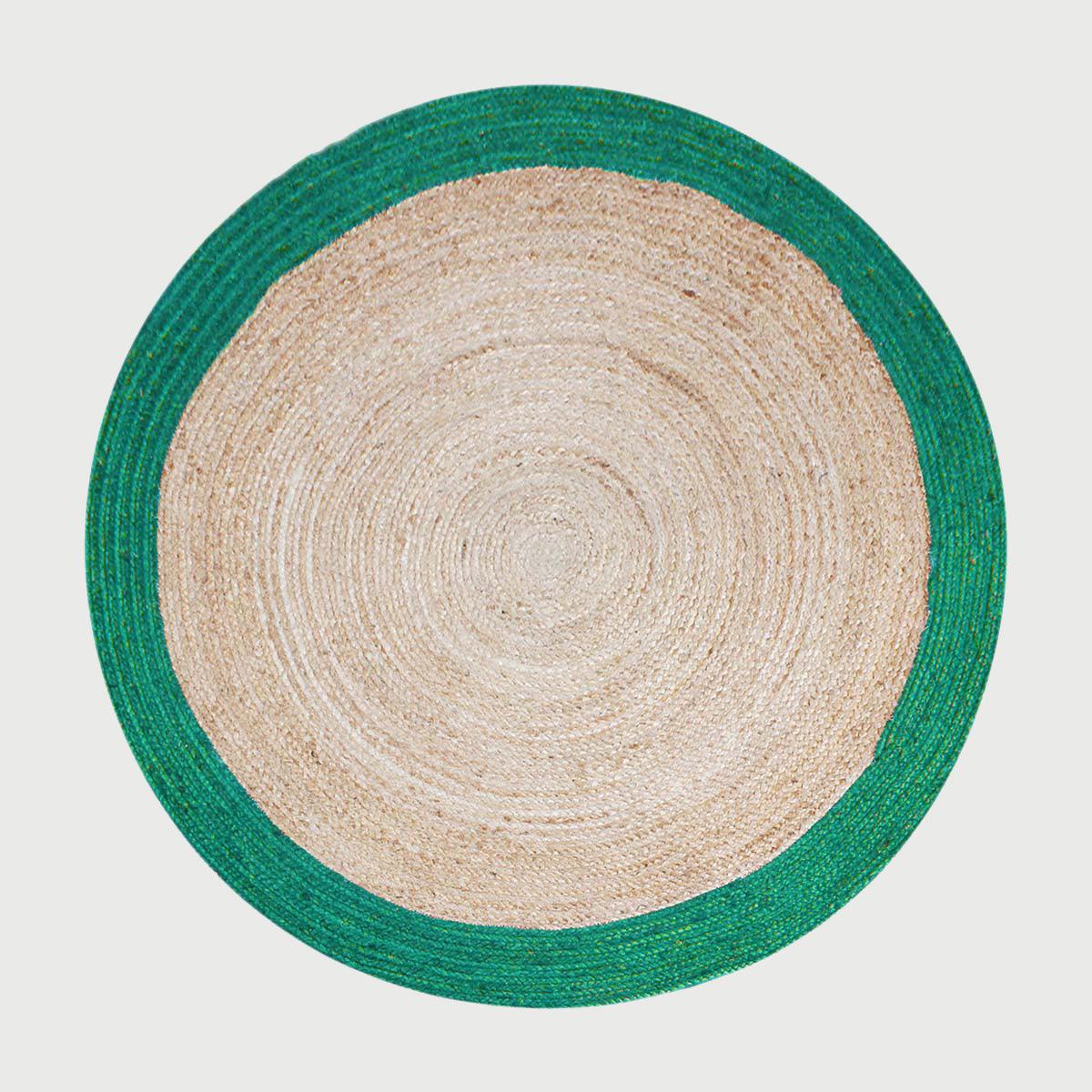 Hand Braded Beige Teal Green Farmhouse Round Jute Rug - Indian Rug Store