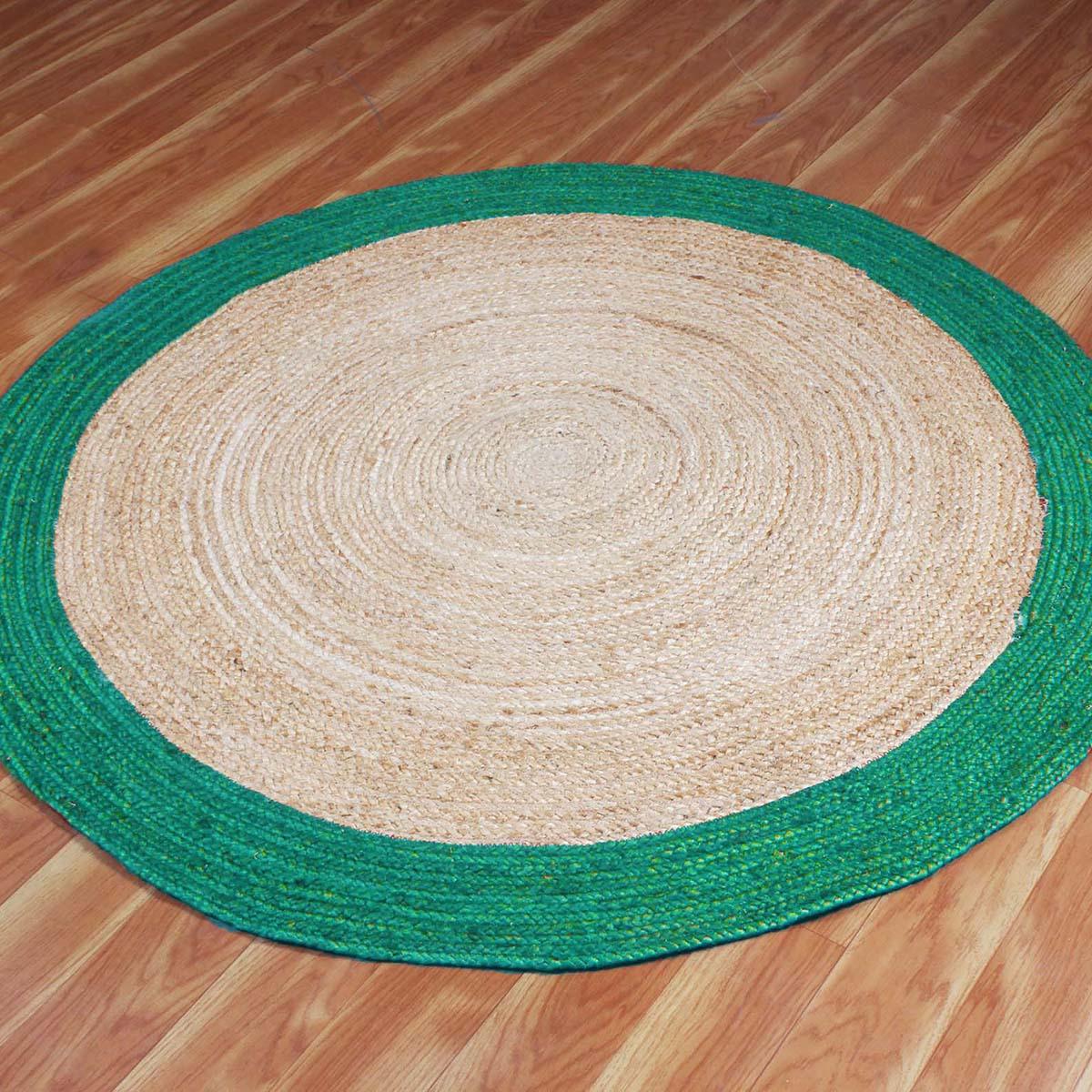 Hand Braded Beige Teal Green Farmhouse Round Jute Rug - Indian Rug Store