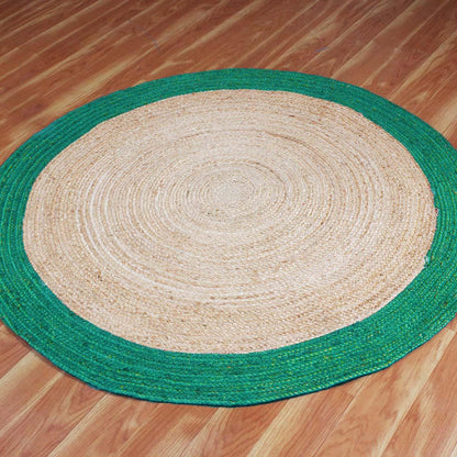 Hand Braded Beige Teal Green Farmhouse Round Jute Rug - Indian Rug Store