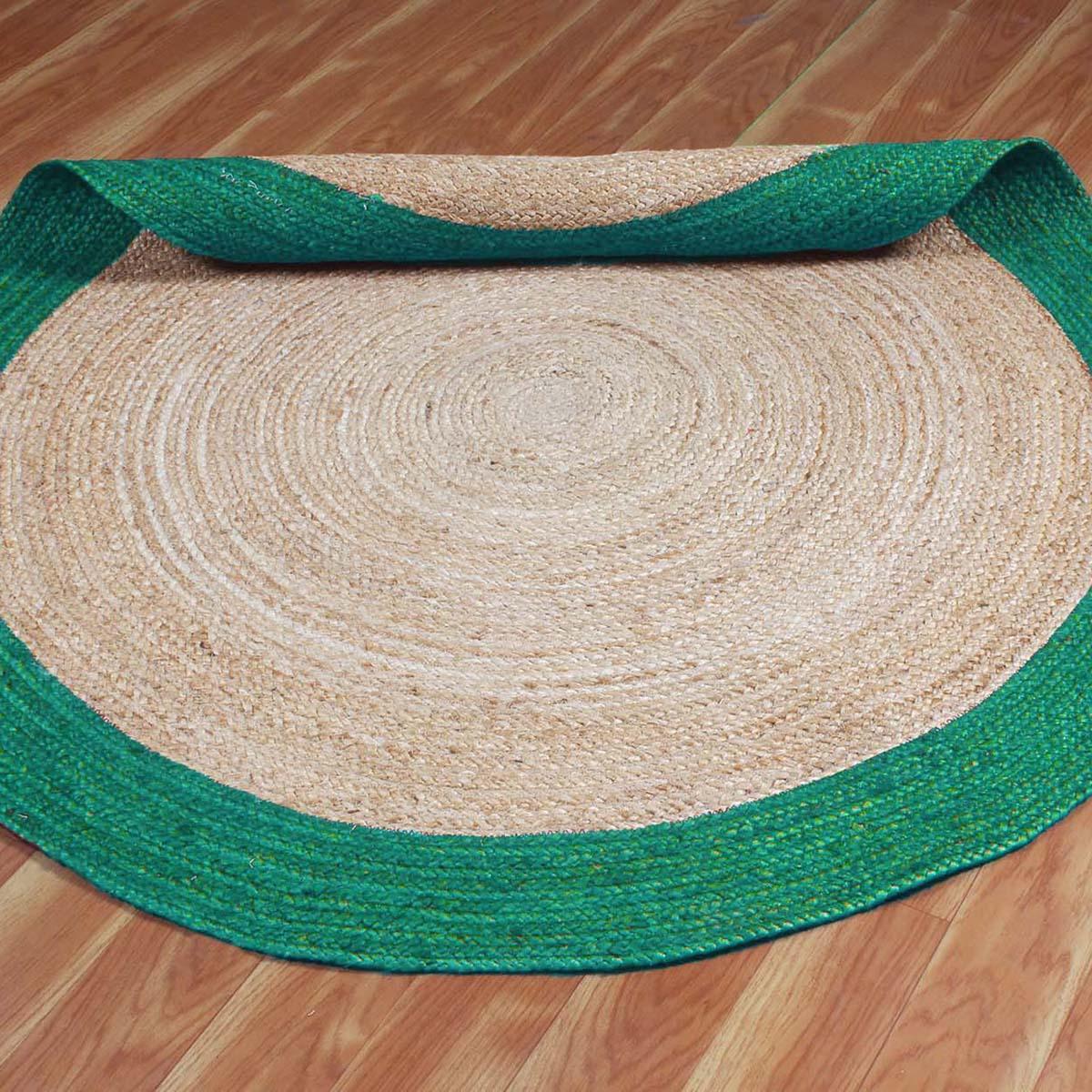 Hand Braded Beige Teal Green Farmhouse Round Jute Rug - Indian Rug Store