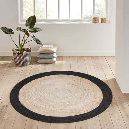 Round Beige Black Hand Braided Dining Room Jute Rug - Indian Rug Store