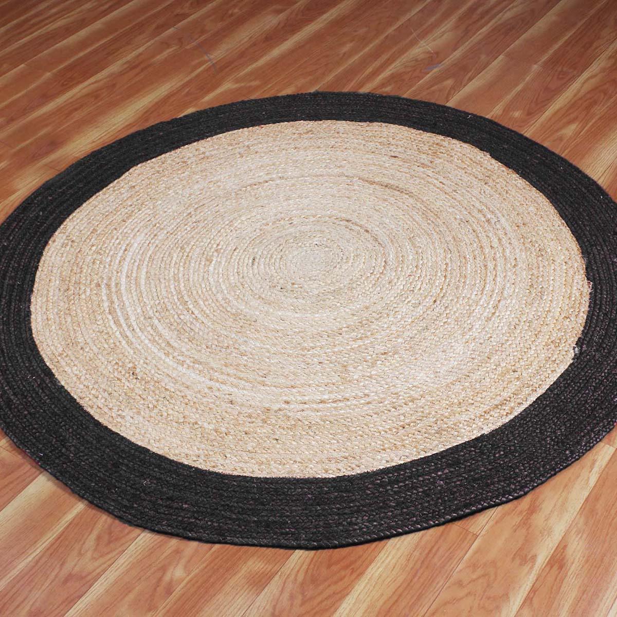 Round Beige Black Hand Braided Dining Room Jute Rug - Indian Rug Store