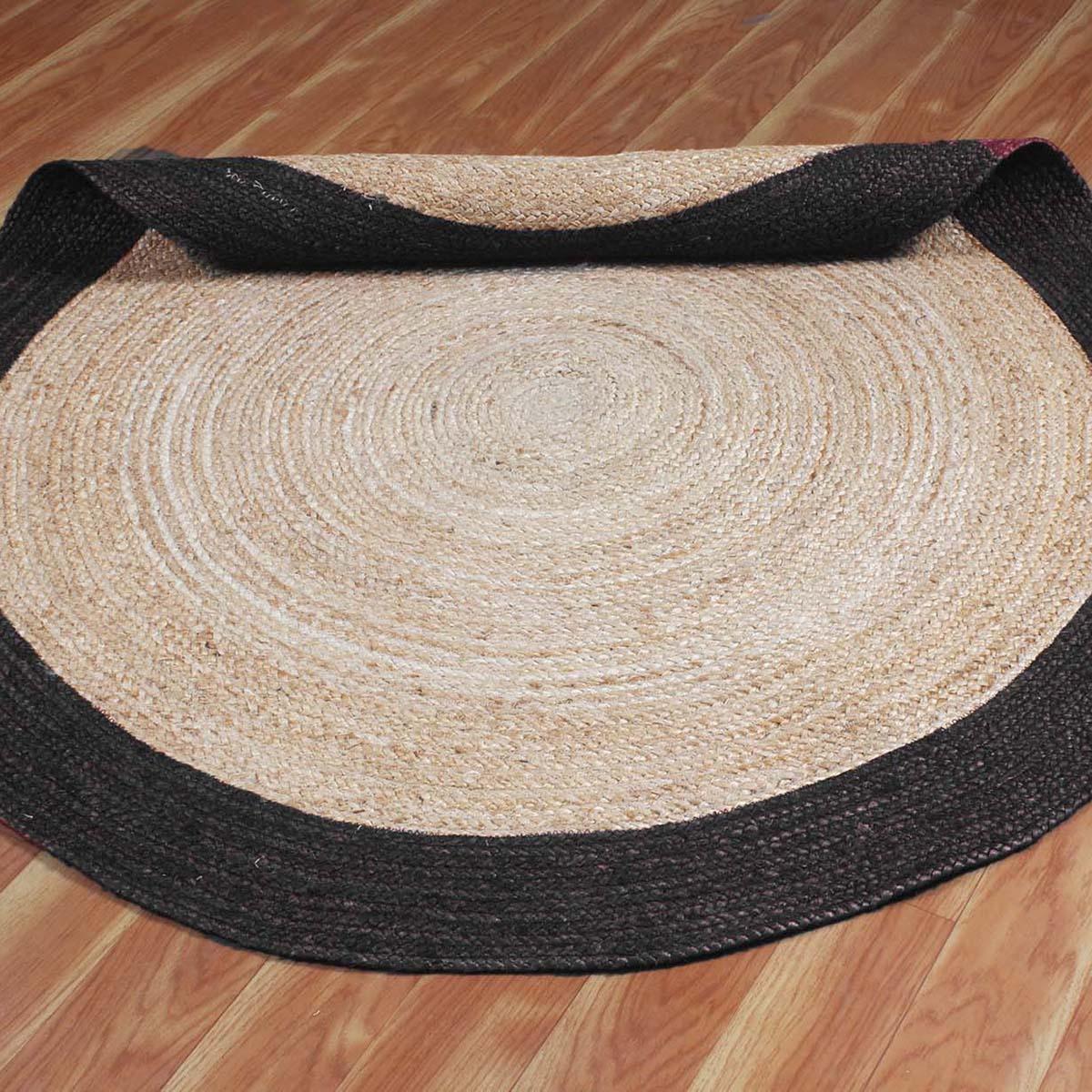 Round Beige Black Hand Braided Dining Room Jute Rug - Indian Rug Store