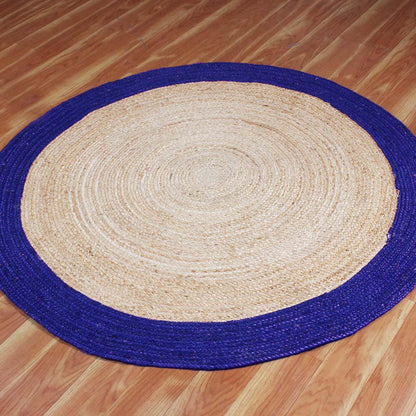 Home Decor Beige Blue Geometrical Hand Braided Jute Rug - Indian Rug Store