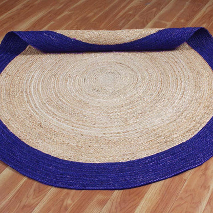 Home Decor Beige Blue Geometrical Hand Braided Jute Rug - Indian Rug Store